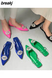 Brand Woman Sandals Luxury Crystal Slingback Flat Pointed Toe Mule Slip On Slide Rhinestone Vacation Shoes Big Size 41
