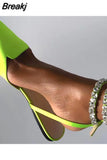 Crystal Flat Heels Gladiator Sandals Women 2023 Summer Pointed Toe Pink Party Shoes Woman Plus Size 42 Ankle Straps