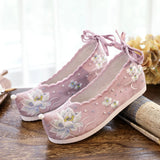 Breakj Shoes Hanfu Shoes Single Shoes / Cotton Shoes Blue Wave Ancient Costume Lotus Embroidered Cloth Shoes Girl Head