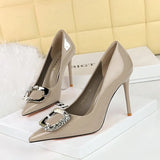 Breakj Banquet Rhinestone Belt Buckle Women's Shoes Patent Leather Shallow Pointed High Heel Single