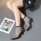 Summer Bling Bling Rhinestone Mesh Pointed Toe Sandals Ankle Boots Stiletto High Heels Female Crystal Mesh Shoes