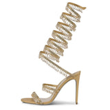 Breakj New External Code Rhinestone Gem Ankle Winding Thin Heel High Heel Round Head Runway Plus Size