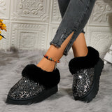 Women's Large-Size Snow Boots In Winter, The New Thick-Soled Sequins Are Thickened To Keep Warm, Woolen Mouth And Low-Barrel Cotton