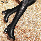 Women Embroidered Lace Knee Bare Boots Square High Heel Casual Long Tube Booties Lady Sexy Over Knee Thigh High shoes