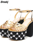 Women's Sandals Fashion 2023 Metal Luxury Elegant Platform Sandals Ankle Buckle Super Chunky High Heels Rivet Party