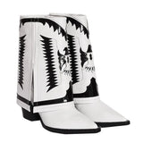 women's autumn and winter new fashion leather flower ankle boots white stitching thick heel pointed