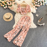 Summer Women Holiday Style Chiffon Printing Two Piece Set Short Shirt High Waist Wide Leg Pants Ladies Idyllic Style