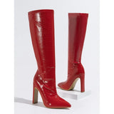 New Thick Heel Middle Tube Elastic Inside Zipper Diamond Irregular Fashion Stone Grain Pointed Women's