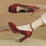 Waterproof Table One Word Button Spring New High Heels Mary Jane Senior Sense Silk Square Head Thick Heel Women's