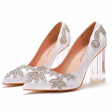 Breakj Cm Crystal Transparent Square Tip Single Shoe Bridal Shoes Silk Satin Cloth Diamond Skirt Shoes Wedding