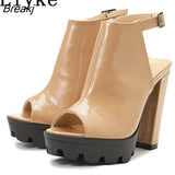 Summer Black Platform Sandals Women Gladiator Square High Heels Fashion Peep Toe Ankle Buckle Strap Ladies Shoes