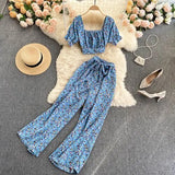 Summer Women Holiday Style Chiffon Printing Two Piece Set Short Shirt High Waist Wide Leg Pants Ladies Idyllic Style