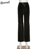 Fashion Y2K Faux Leather Pants Women Straight Pockets Summer Elegant High Waist Trousers Office Lady Slim Vintage