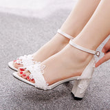 Breakj Cm White Lace Flower Nail Beads Bride Coarse Heel Sandals Shallow Word With Fish Mouth High Heel Square Roots