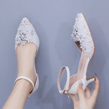 Breakj Cm Large-Size Sandals Fine-Heeled White Lace Water Diamond Wedding Shoes In The Pearl Bridal Dress