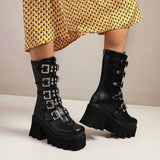 Breakj Black High Barrel PU Artificial Thick Bottom High And Martin Boots After Zipper Large-Size Stage Women's