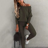 Sportswear Women Fashion Casual Solid Fit One Shoulder Top Long Pants Set Long Sleeve Top & High Waist Drawstring Pants