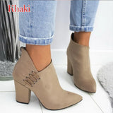 Boots Pointed High Heels Shoes Solid Color Leather Ankle Boots Female Boots Fashion Thick Heel Back Zipper Women