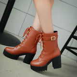 Breakj Autumn And Winter Short Boots Pu Korean Version Of The Round Head Waterproof Table High Coarse Tying Buckle Lady Large Size Short