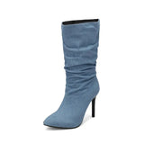 Women Denim Cowboy Boots High Heels Winter Warm Shoes Extra Big Size 45 46 47 48 Mid Calf Boots