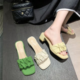 Women Pleated Slippers Sandals Ladies Soft Comfortable Sexy Thick High Heel Sandals Fashion Green Heels