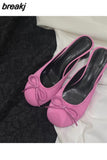 Women Close Toe Slippers Elegant kitten Heels Mule Shoes Round Toe Slide Outdoor Flip Flops 2023 Spring Female Bow Knot