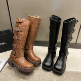 High Quality Wasteland Style Vintage T Barrel Western Boots for Women Black Belt Straps Boot Shoes Brown Platform