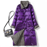 Women Double Sided Down Long Jacket Winter Stand Collar 90% White Duck Down Coat Single Breasted Thick Warm Snow