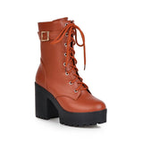 Breakj Autumn And Winter Short Boots Pu Korean Version Of The Round Head Waterproof Table High Coarse Tying Buckle Lady Large Size Short
