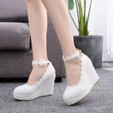 Queen Wedges Wedding Pumps Sweet White Flower Lace Pearl Platform Shoes Bride Dress High