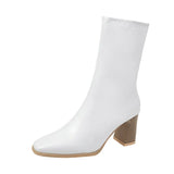 Celebrity Elastic Thin Thin Boots Female 2023 Autumn New Thick High Heel Temperament Short Boots Female White Lacquer Leather Martin