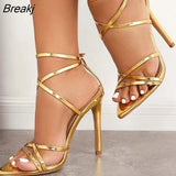 High Heel Sandals Cross-tied Ankle Strap Shoes Stiletto Hollow Solid Gold Black Sexy Party Zapatillas Mujer