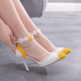 Queen Women Sandals High Heels White Blue Lace Wedding Shoes Pointed Toe Flower Pearls
