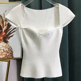 Casual Knitting Shirt Women Square Collar Short Sleeve Slim Tunic Blouse Female Fashion Clothing 2022