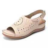 Breakj Summer New Large-Size Slope Heel Sandals Women Hollow Flat Heded Toe Buckle With Retro Hole