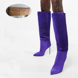 High Heels Western Boots Fashion Knee High Boots Woman Microfiber Red High Heel Long Boots Pointed Toe Autumn Winter