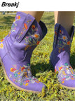 Retro Female Western Boots Wood Sole Spike Heels Pointed Toe Slip-On Floral Flower Ankle Boots Shoes Plus Size