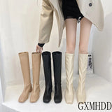 New Winter Style with Fleece Medium Chunky Heel Knight Boots Women's High Tube Thinner-looked High Heel Shorty Long
