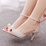 Breakj Cm Pearl Fish Mouth High Heel Sandals Shallow Buckle With Large-Size Round-Head High Heel White Ribbon Wedding