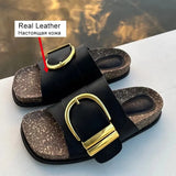 Size 35-39 Flats Sandals Women Leather Retro Low Heels Shoes For Women Summer 2023 Buckle Open Toe Slippers Home
