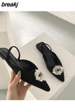 Brand Woman Sandals Luxury Crystal Slingback Flat Pointed Toe Mule Slip On Slide Rhinestone Vacation Shoes Big Size 41