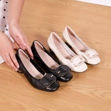 Heels 2024 New Summer Leather Single Shoes Medium Thick Heels Professional Commuting Women's Shoes Work Shoes Black Leather