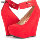 Women Shoes Flock Buckle Bowtie Ankle Strap High Heels Sexy 14cm Platform Wedges Female Pumps Red Wedding