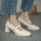 New Fashion Women Shoes Square Toe Mary Janes Shoes Square Heel Dress Shoes Pearl Buckle Pumps High Heels Office Shoe