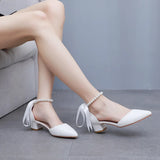 Breakj Cm Low Heel Tip Hollow Sandals Coarse Heel Beaded Women's Shoes White Mute PU Wedding Banquet Bridal