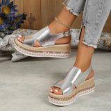 Breakj And Summer New Large-Size Hollow Fish Mouth Heel Sandals Women's Pine Cake Silver Bright Buckle Flat Women's