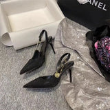 Breakj High-Heeled Women 2025 Summer New Sexy Water Drill Tips One-Word Buckle With Bun Head Shallow Sandals