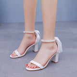 Breakj Cm Thick Heeled Light Mouth With Sandals Round Head Beads Tied With High Heel Sandals White Wedding Shoes
