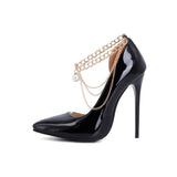 Office Lady Classic Pumps Spring Autumn Thin Extreme High Heels 12cm Stilettos Chain Decorate Glossy PU Leather Party