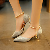 Breakj Sandals Women's Spring 2025 New Korean Version One-字 Buttoned Pearl Tip Fine And Frosted High Heel Single